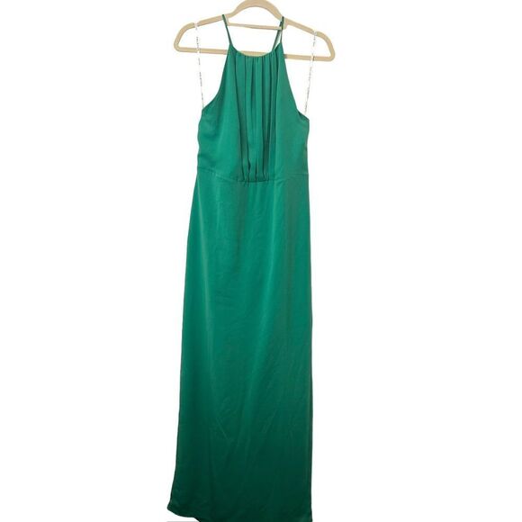 HALSTON HERITAGE Ruched Satin Chiffon Column Gown‎ in Green Sz 8 - Picture 2 of 6